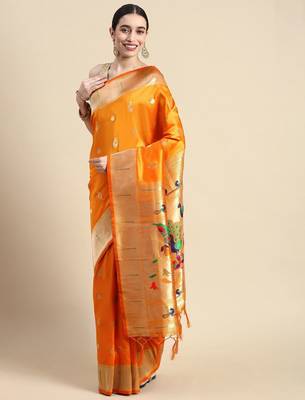 orange woven design silk blend paithani saree 2