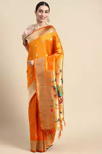 orange woven design silk blend paithani saree
