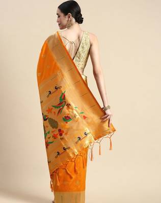 orange woven design silk blend paithani saree 3