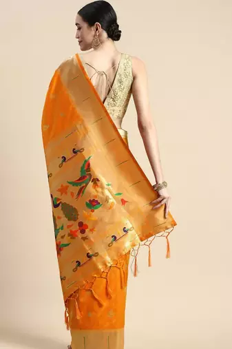 orange woven design silk blend paithani saree