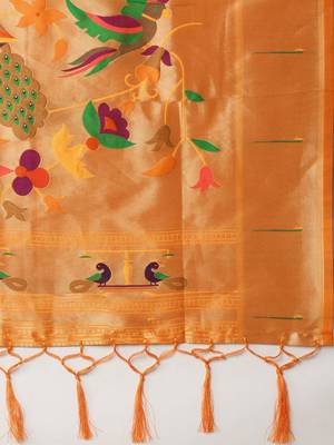 orange woven design silk blend paithani saree 5