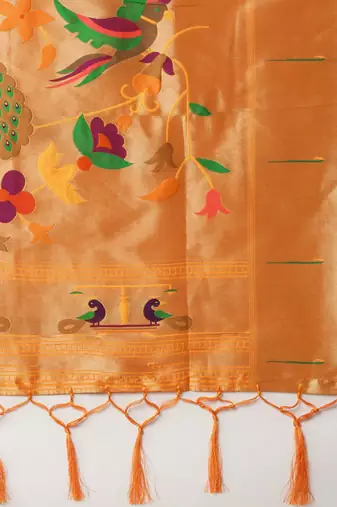 orange woven design silk blend paithani saree