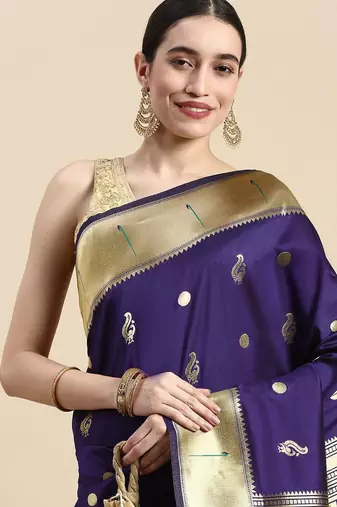 blue woven design silk blend paithani saree