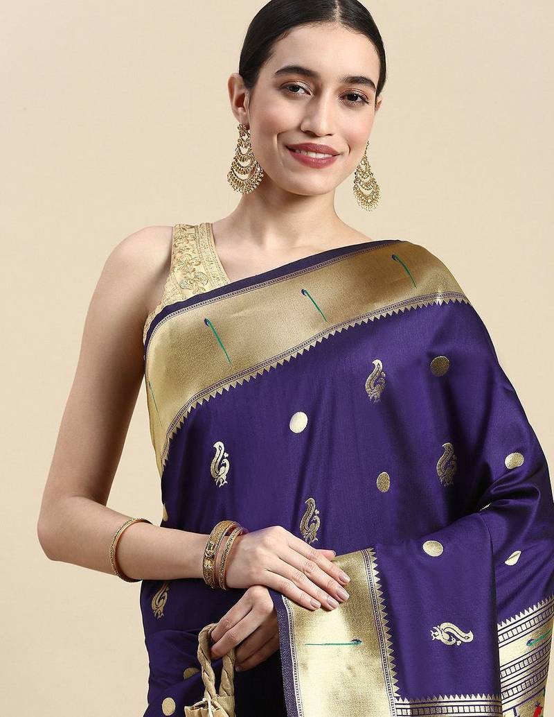 blue woven design silk blend paithani saree