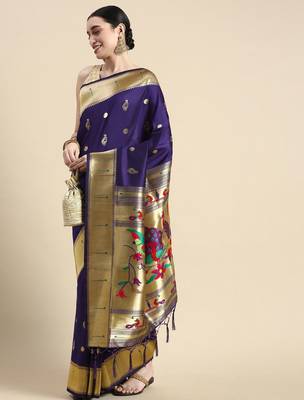 blue woven design silk blend paithani saree 2