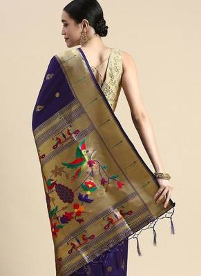 blue woven design silk blend paithani saree 3