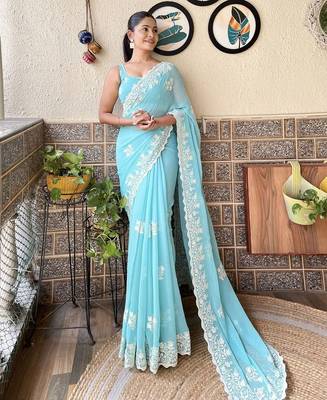 blue floral embroidered saree 1