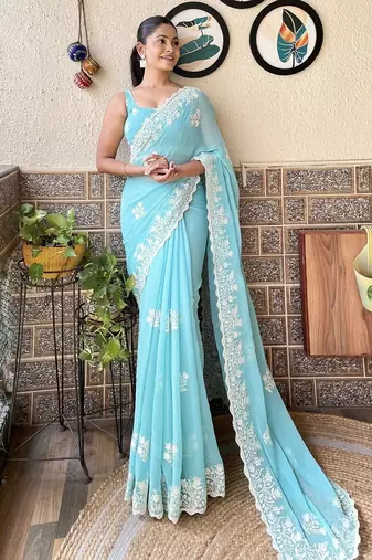 blue floral embroidered saree