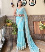 blue floral embroidered saree