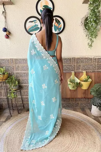 blue floral embroidered saree