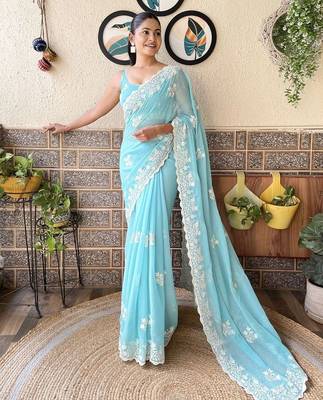 blue floral embroidered saree 3