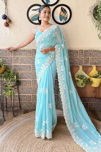 blue floral embroidered saree