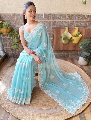 blue floral embroidered saree 4