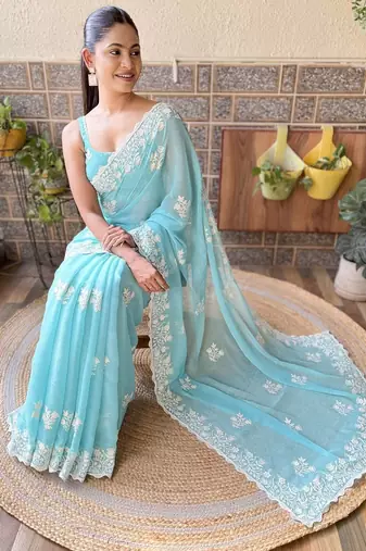 blue floral embroidered saree