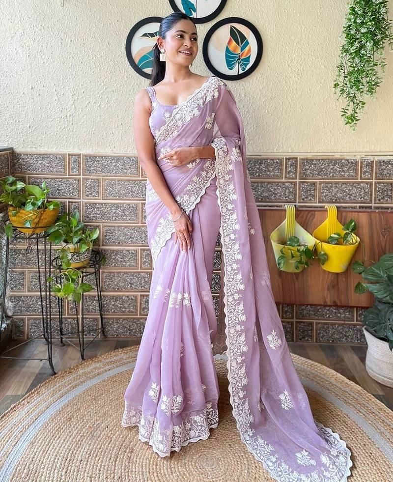 purple floral embroidered saree