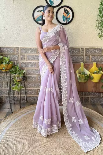 purple floral embroidered saree