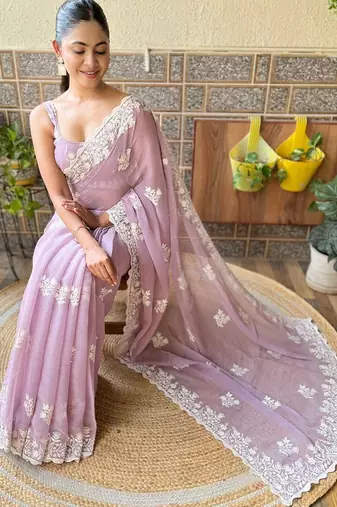 purple floral embroidered saree