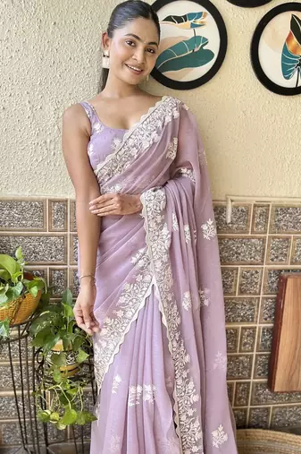 purple floral embroidered saree