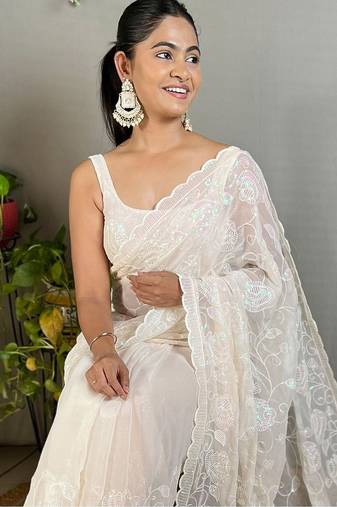 off_white embellished sequinned poly georgette saree