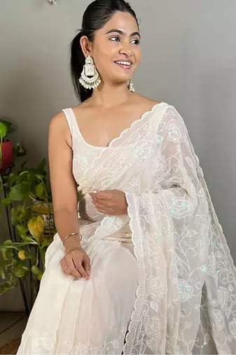 off_white embellished sequinned poly georgette saree