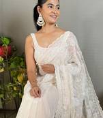 off_white embellished sequinned poly georgette saree