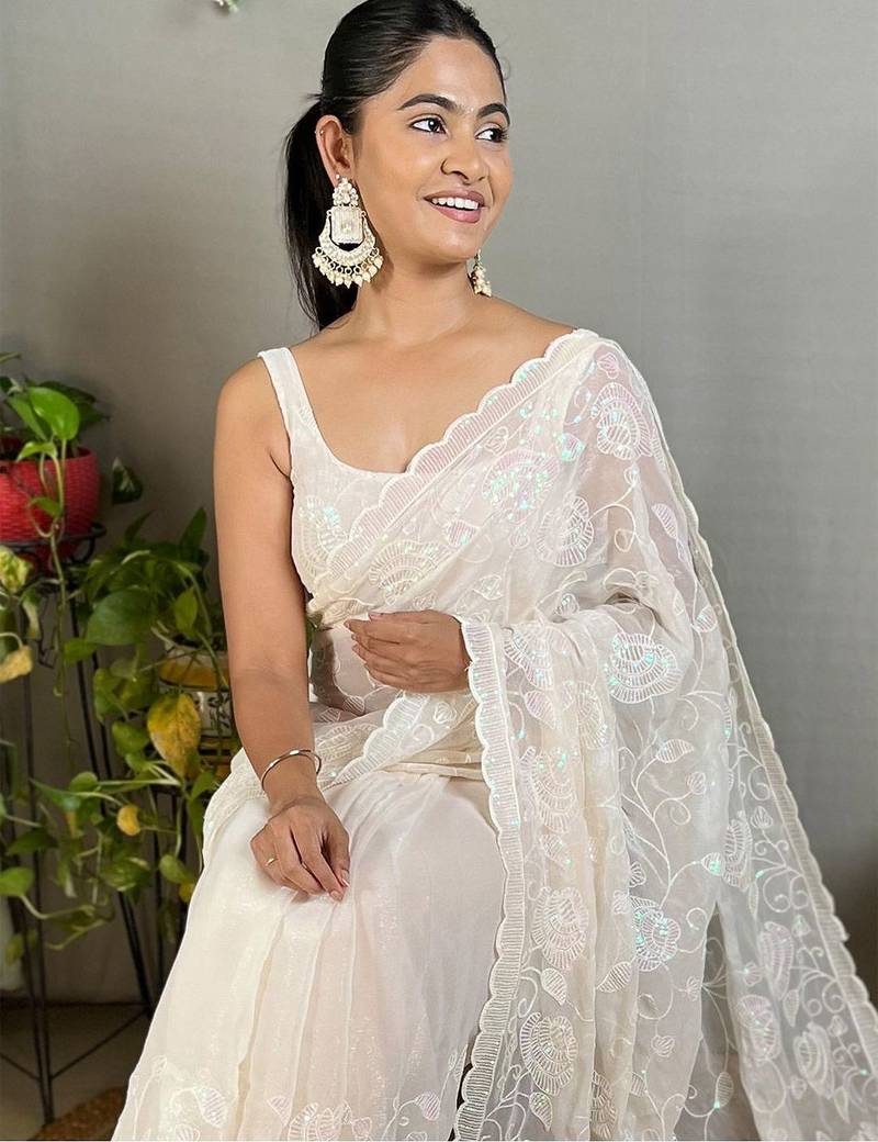 off_white embellished sequinned poly georgette saree