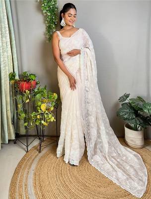 off_white embellished sequinned poly georgette saree 2