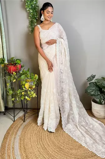 off_white embellished sequinned poly georgette saree