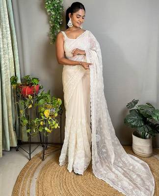 off_white embellished sequinned poly georgette saree 3