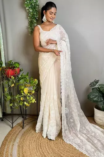 off_white embellished sequinned poly georgette saree