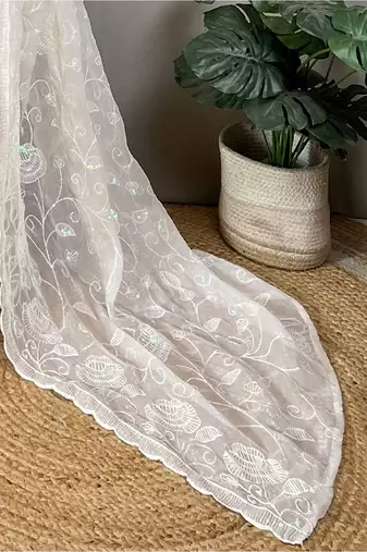 off_white embellished sequinned poly georgette saree