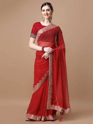 red geometric printed embroidered detail saree 1