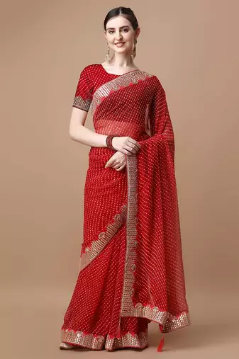red geometric printed embroidered detail saree