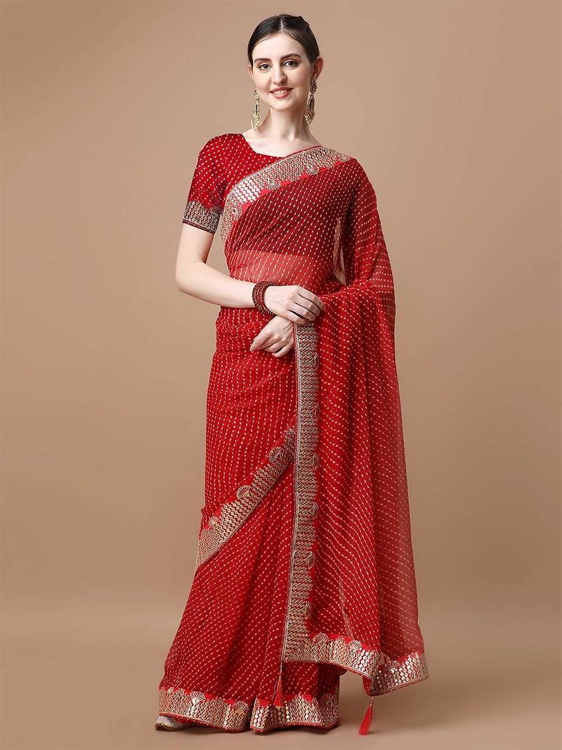 red geometric printed embroidered detail saree