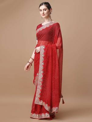 red geometric printed embroidered detail saree 2