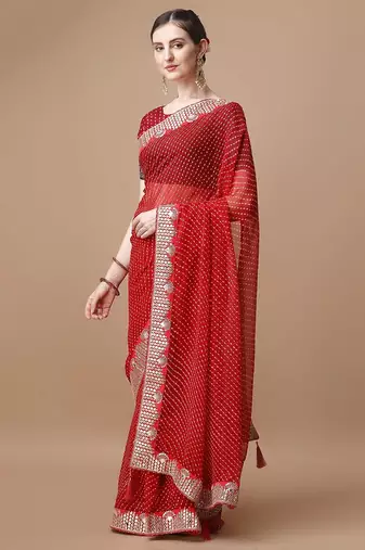 red geometric printed embroidered detail saree