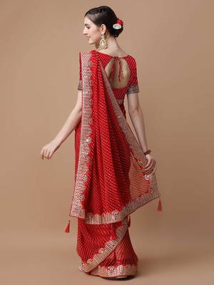 red geometric printed embroidered detail saree 3