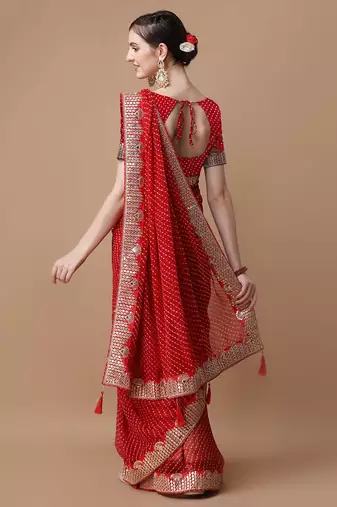 red geometric printed embroidered detail saree