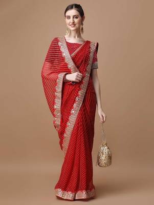 red geometric printed embroidered detail saree 4