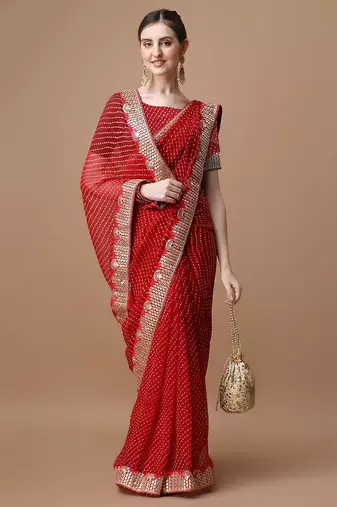 red geometric printed embroidered detail saree