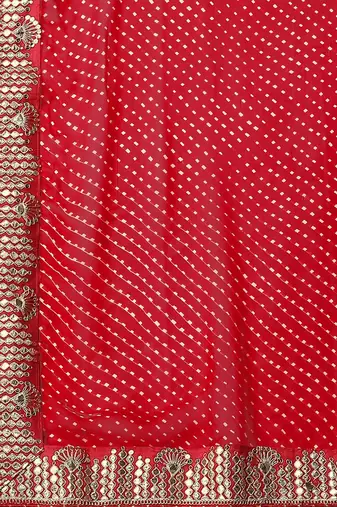 red geometric printed embroidered detail saree