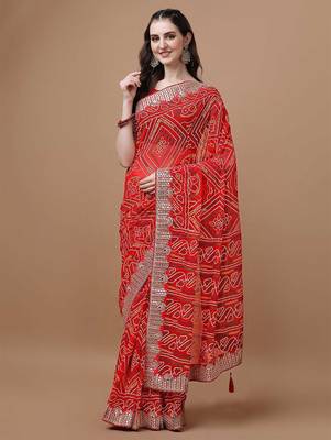 red red bandhani printed poly georgette bandhani saree 1