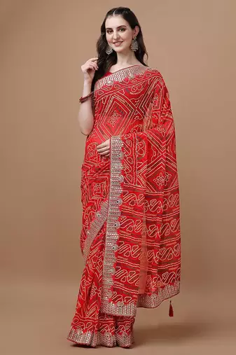 red red bandhani printed poly georgette bandhani saree