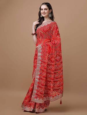 red red bandhani printed poly georgette bandhani saree 2