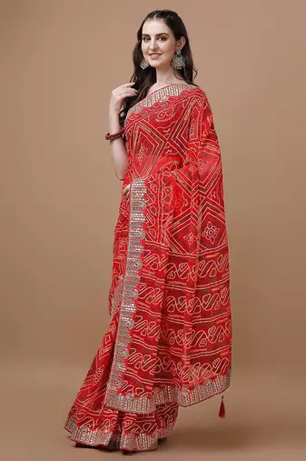 red red bandhani printed poly georgette bandhani saree