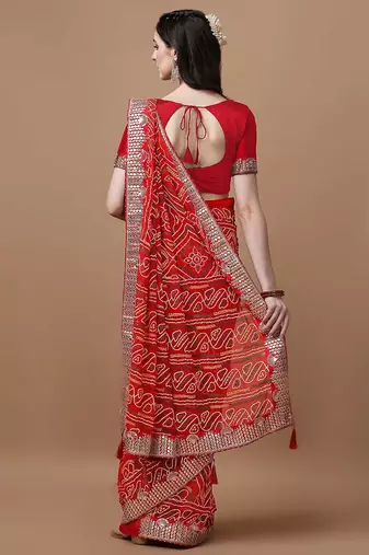 red red bandhani printed poly georgette bandhani saree