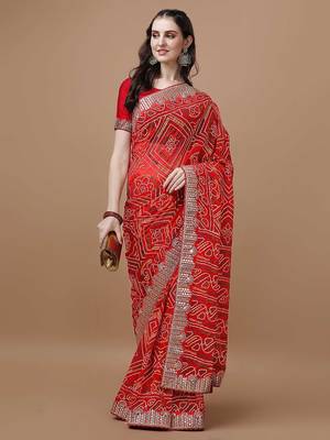 red red bandhani printed poly georgette bandhani saree 4