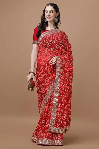 red red bandhani printed poly georgette bandhani saree