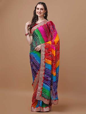 rani_pink printed embroidered detail bandhani saree 1