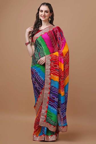 rani_pink printed embroidered detail bandhani saree